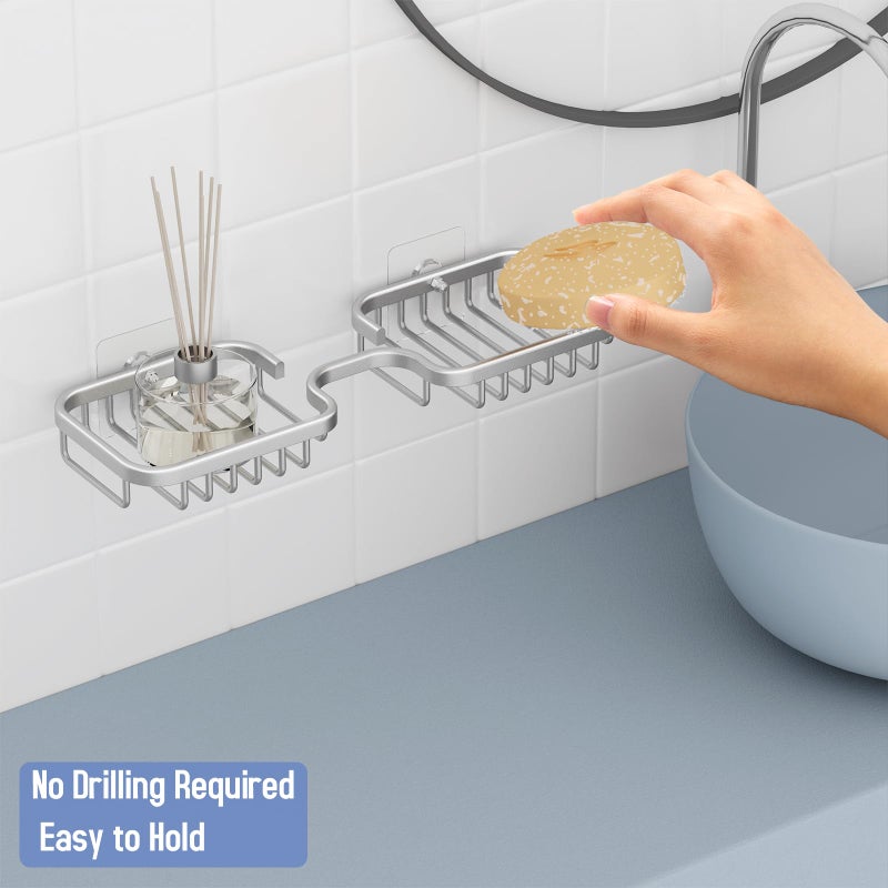dancrul 2 Soap Dishes Holder Shower Drill-Free Soap Bar Holder for Shower Wall Shower Soap Holder for Bathroom  Rustproof Aluminum Sponge Holder for Kitchen Square (Silver) 1 Pack - Image 2